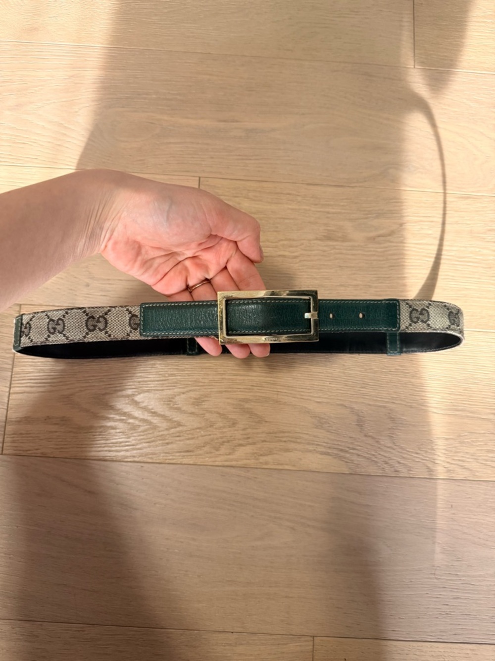 Gucci GG Canvas Belt with Dark Green Leather and Gold Buckle